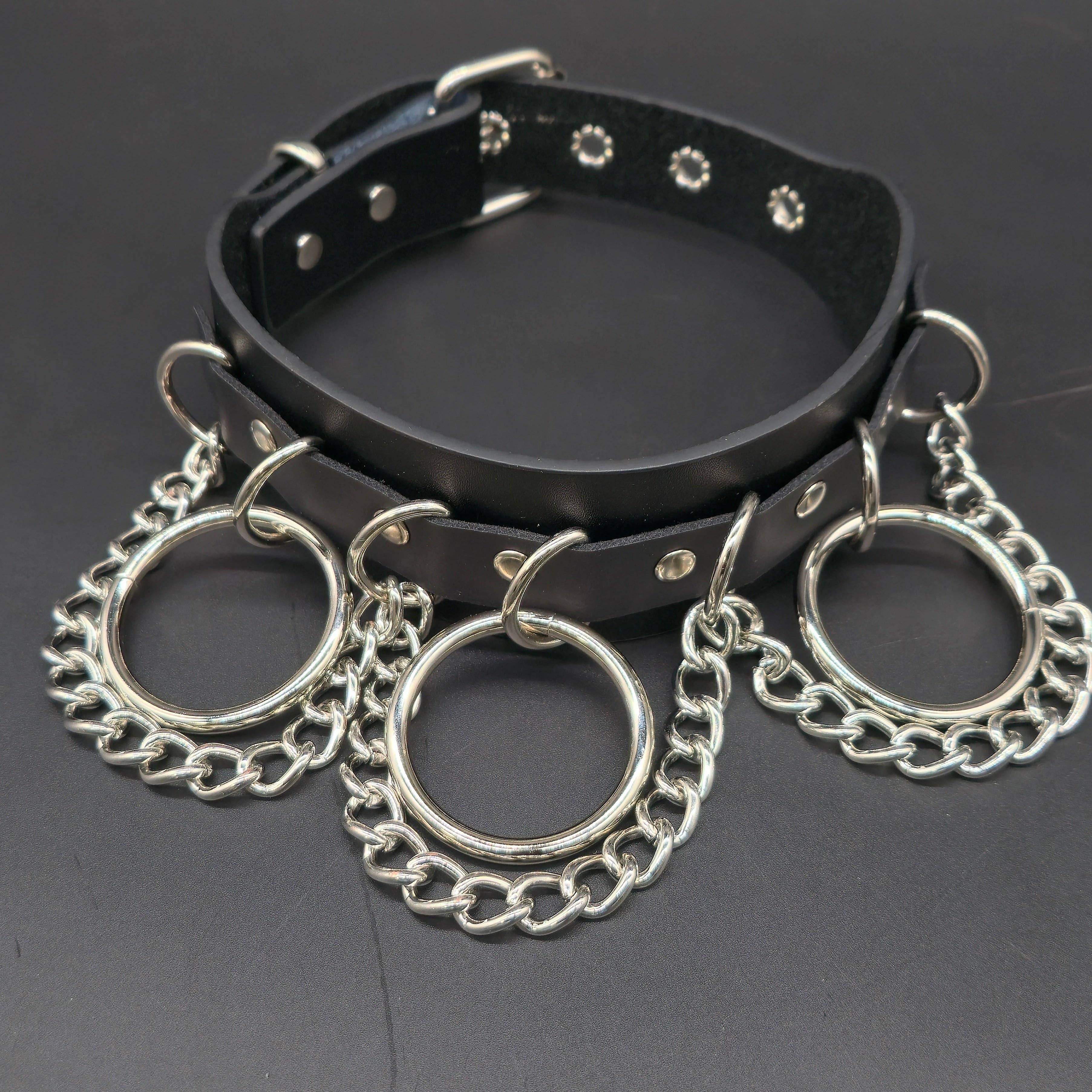 GENUINE LEATHER  1 3/4" WIDE CHAIN RING BONDAGE CHOKER