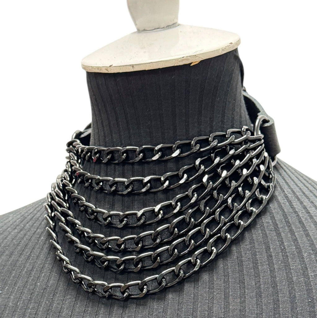 6 ROW STEEL HANGING CHAIN CHOKER GENUINE LEATHER