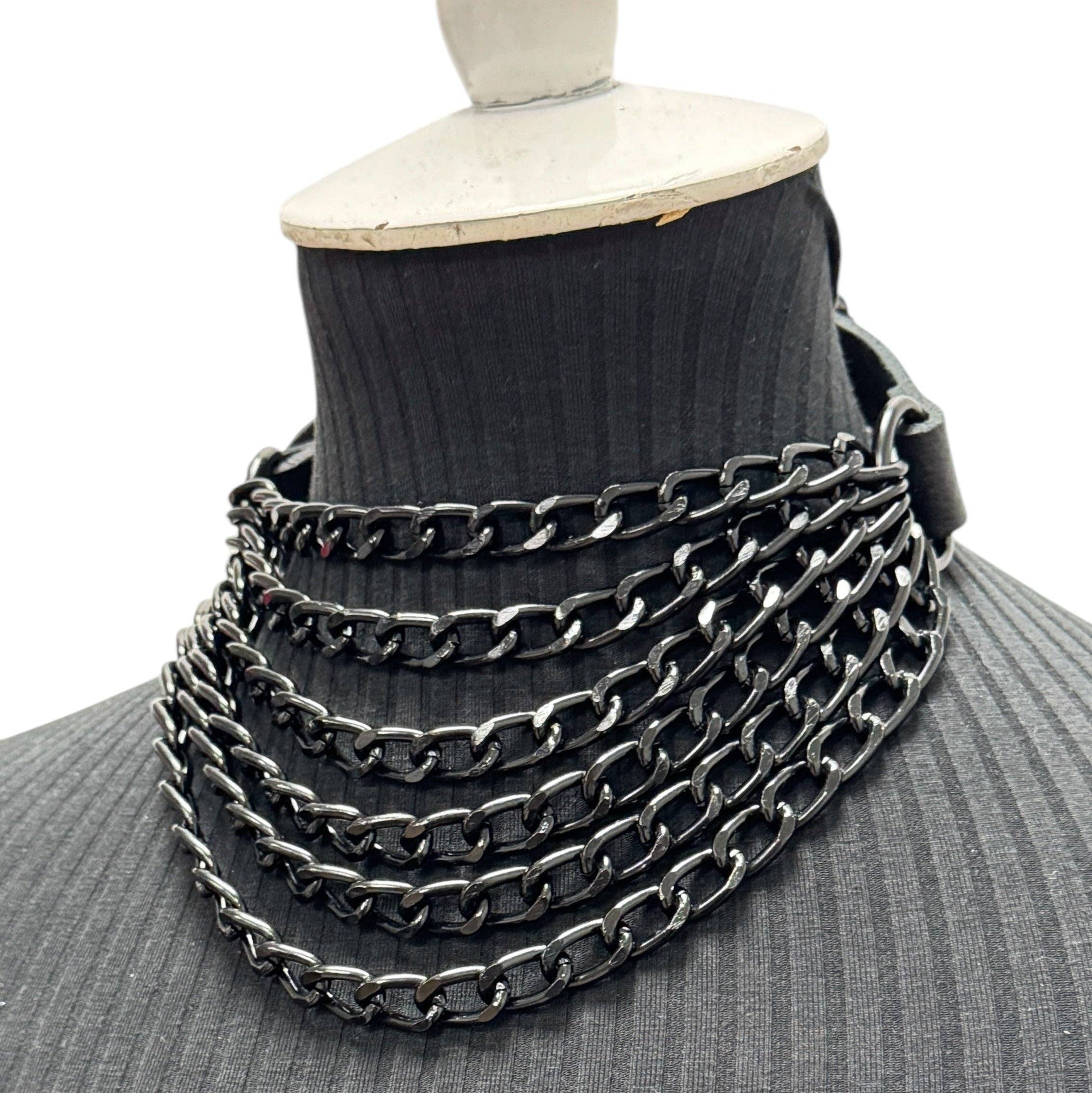 6 ROW STEEL HANGING CHAIN CHOKER GENUINE LEATHER