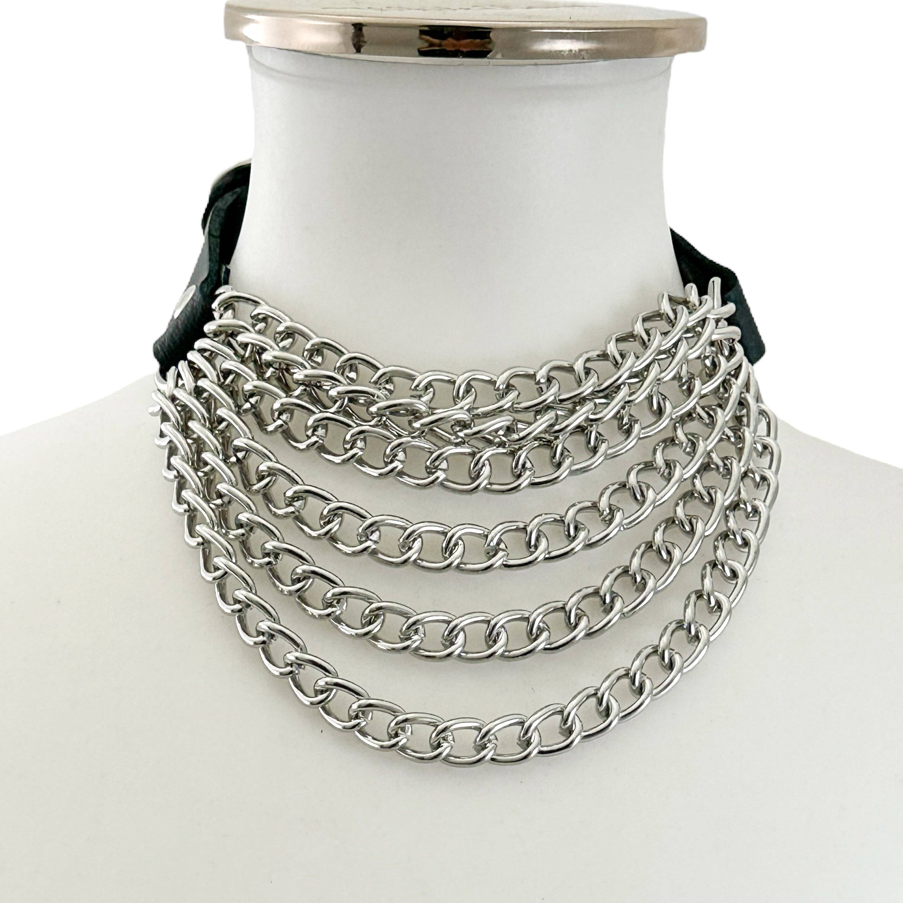 6 ROW STEEL HANGING CHAIN CHOKER GENUINE LEATHER