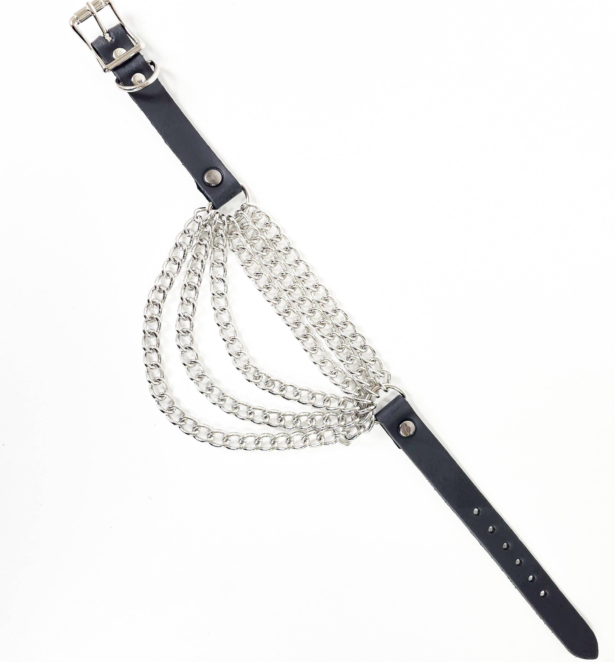 6 ROW STEEL HANGING CHAIN CHOKER GENUINE LEATHER