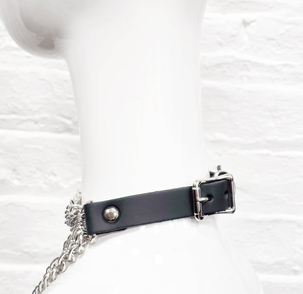 6 ROW STEEL HANGING CHAIN CHOKER GENUINE LEATHER