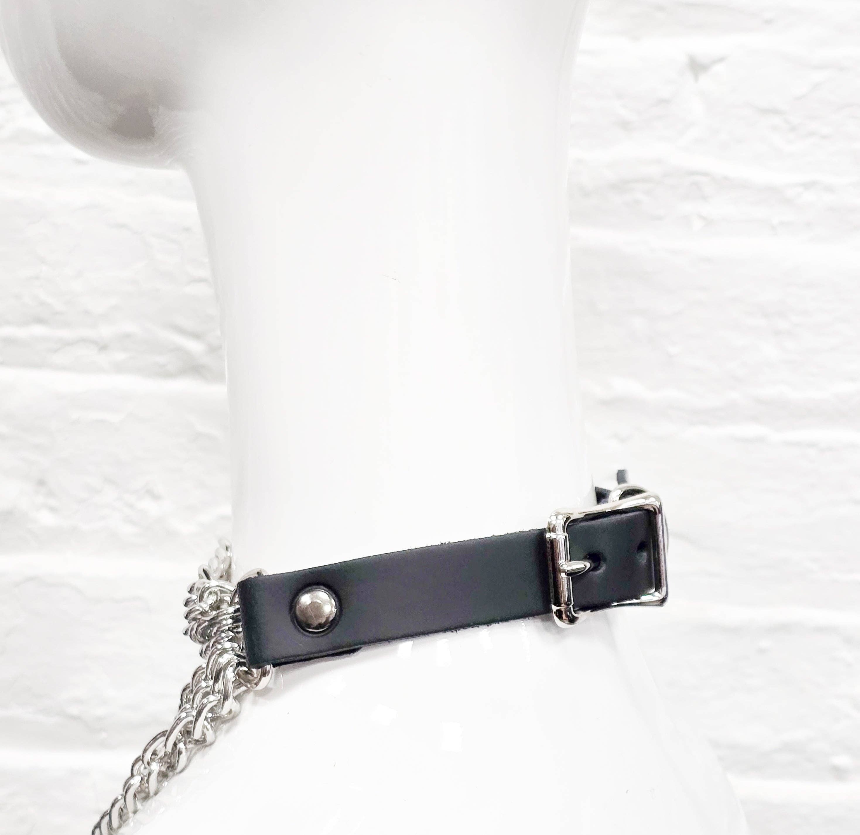 6 ROW STEEL HANGING CHAIN CHOKER GENUINE LEATHER