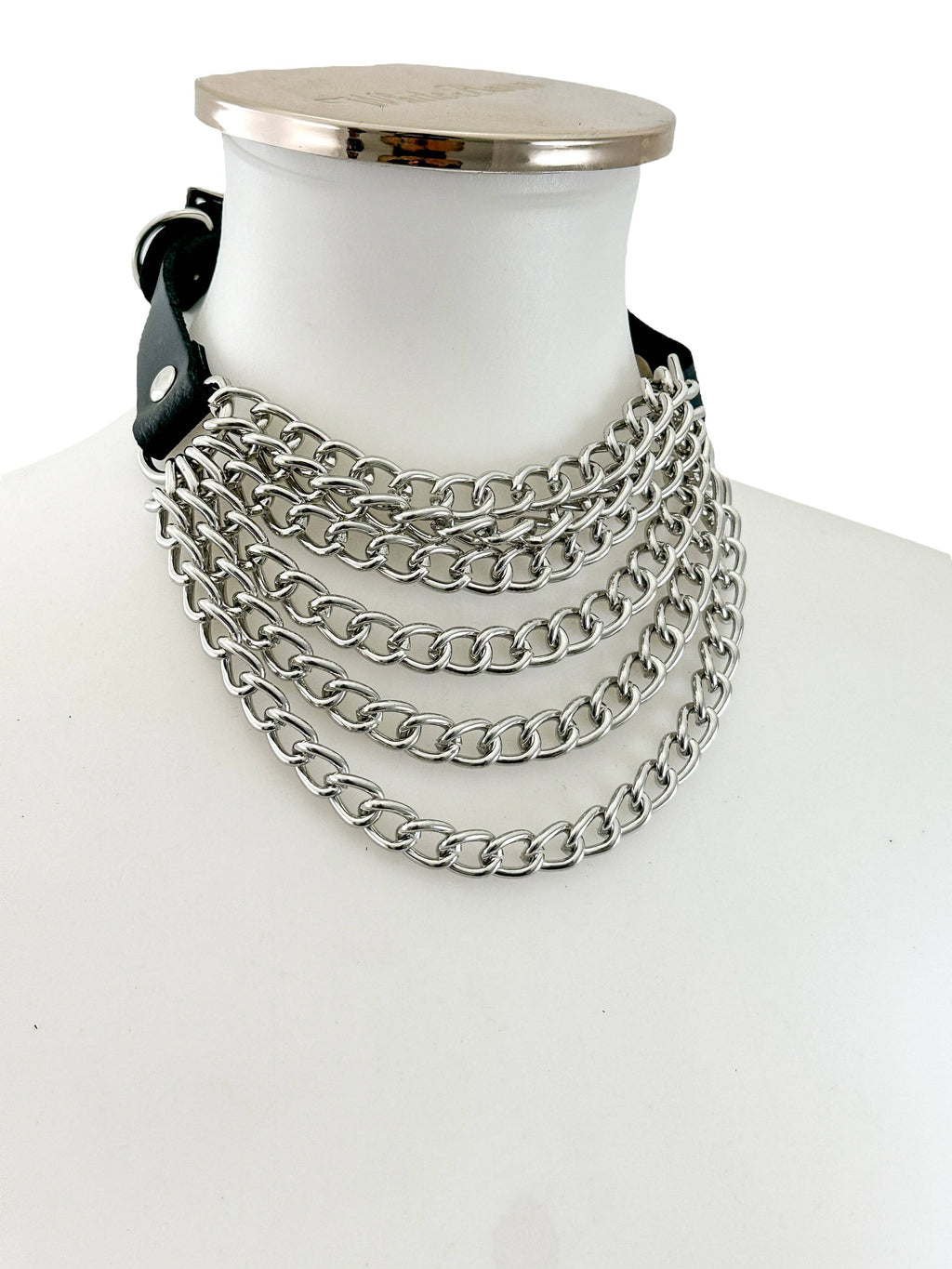 6 ROW STEEL HANGING CHAIN CHOKER GENUINE LEATHER
