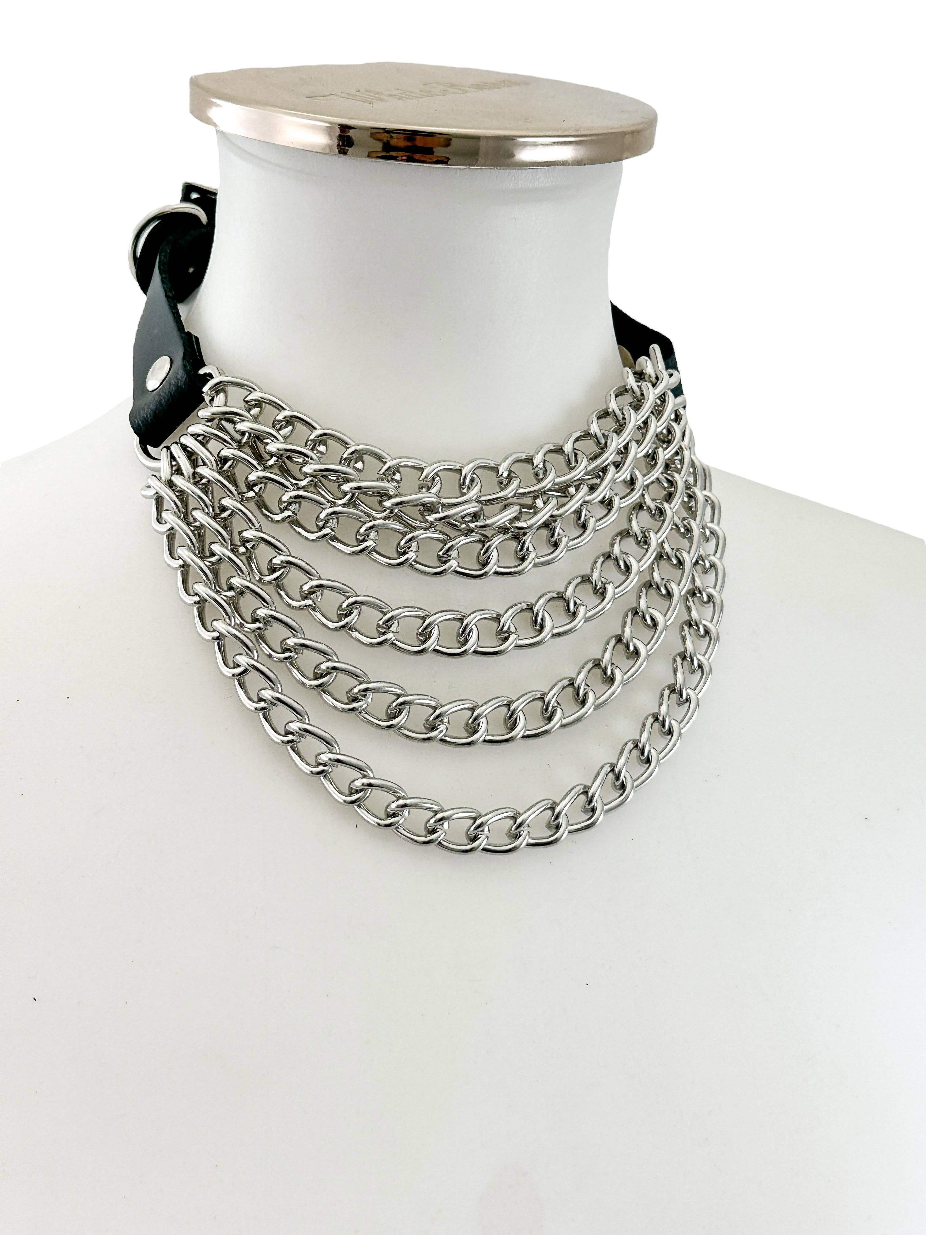 6 ROW STEEL HANGING CHAIN CHOKER GENUINE LEATHER