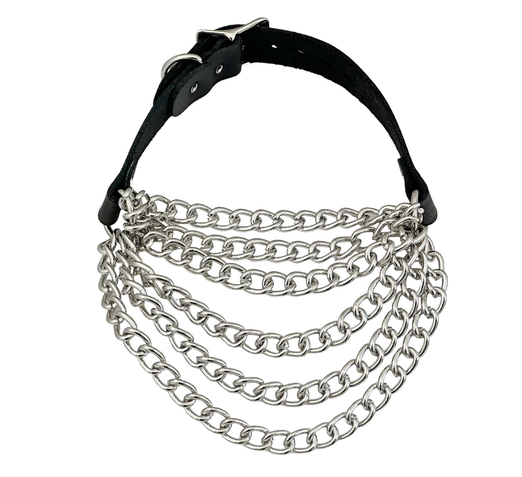 6 ROW STEEL HANGING CHAIN CHOKER GENUINE LEATHER