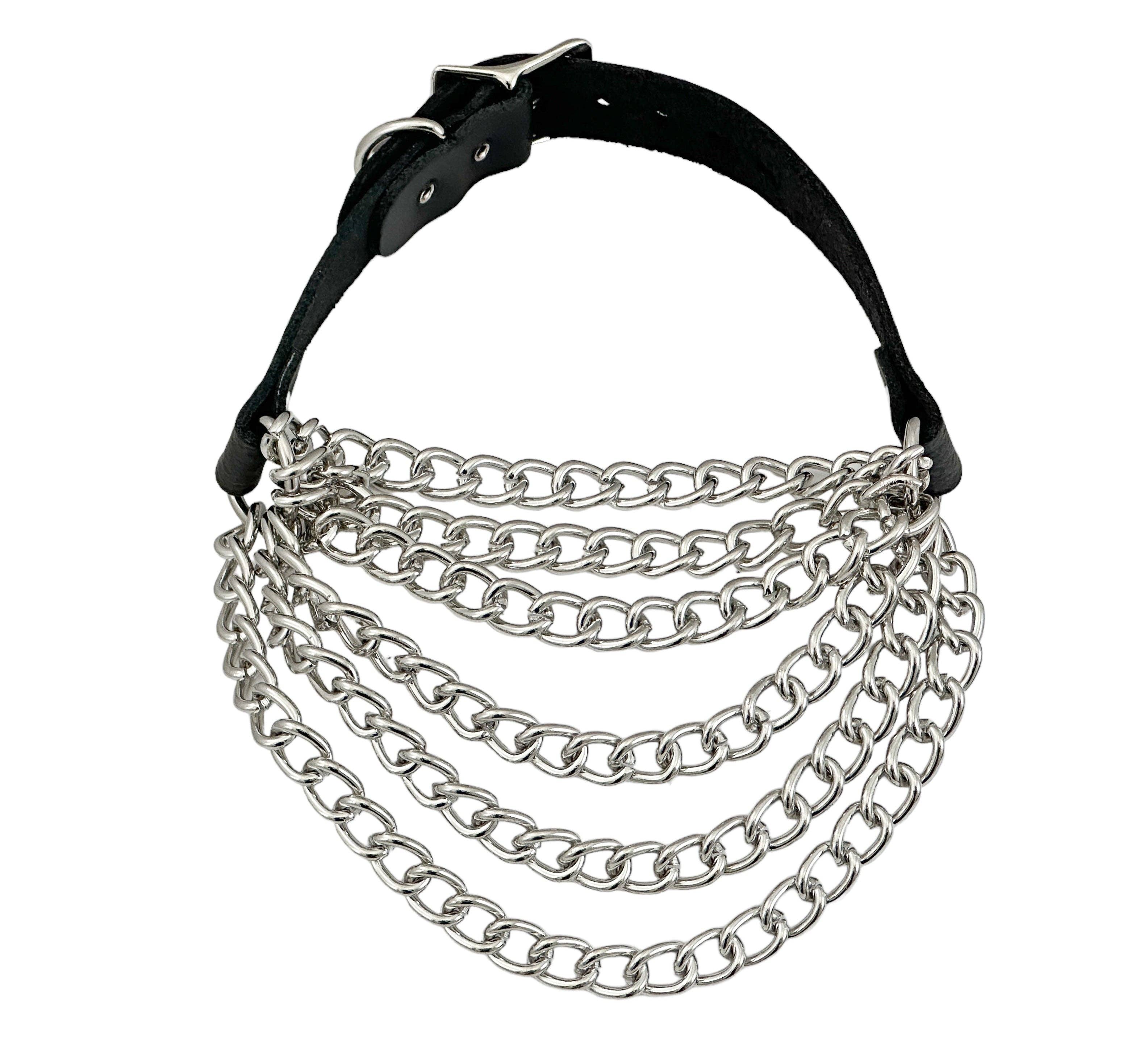 6 ROW STEEL HANGING CHAIN CHOKER GENUINE LEATHER