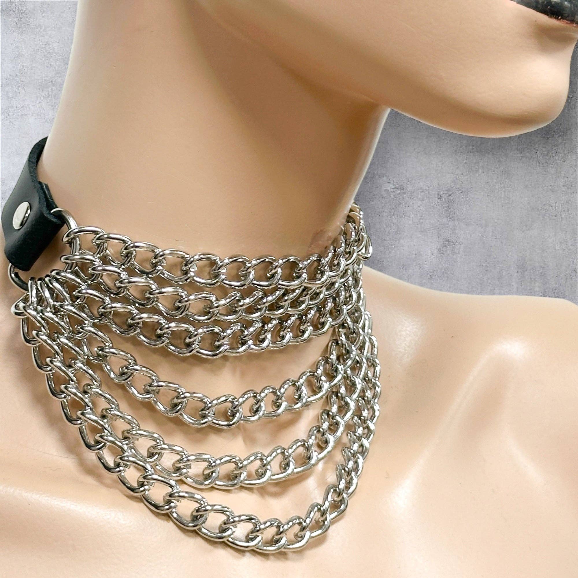 6 ROW STEEL HANGING CHAIN CHOKER GENUINE LEATHER