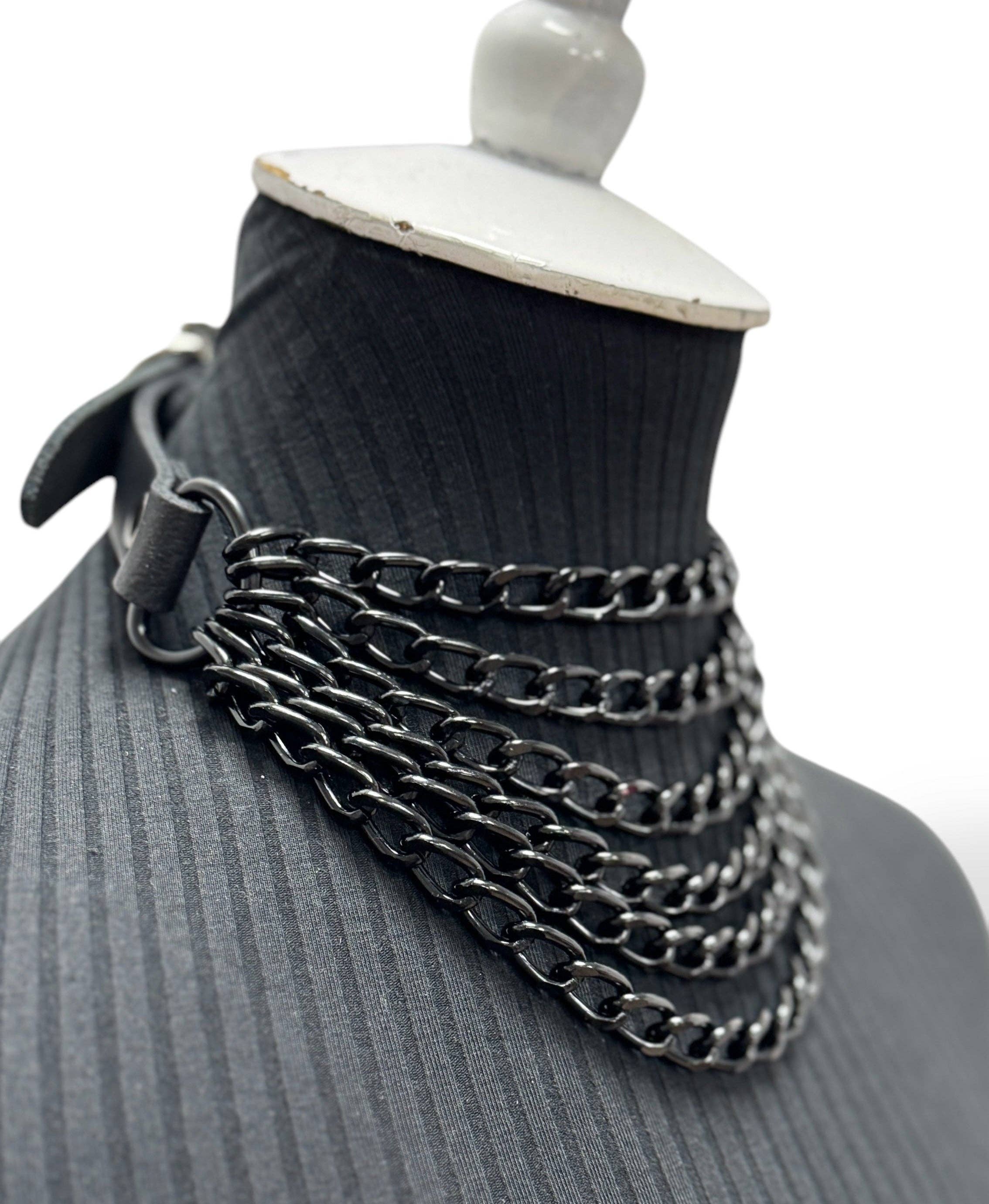 6 ROW STEEL HANGING CHAIN CHOKER GENUINE LEATHER