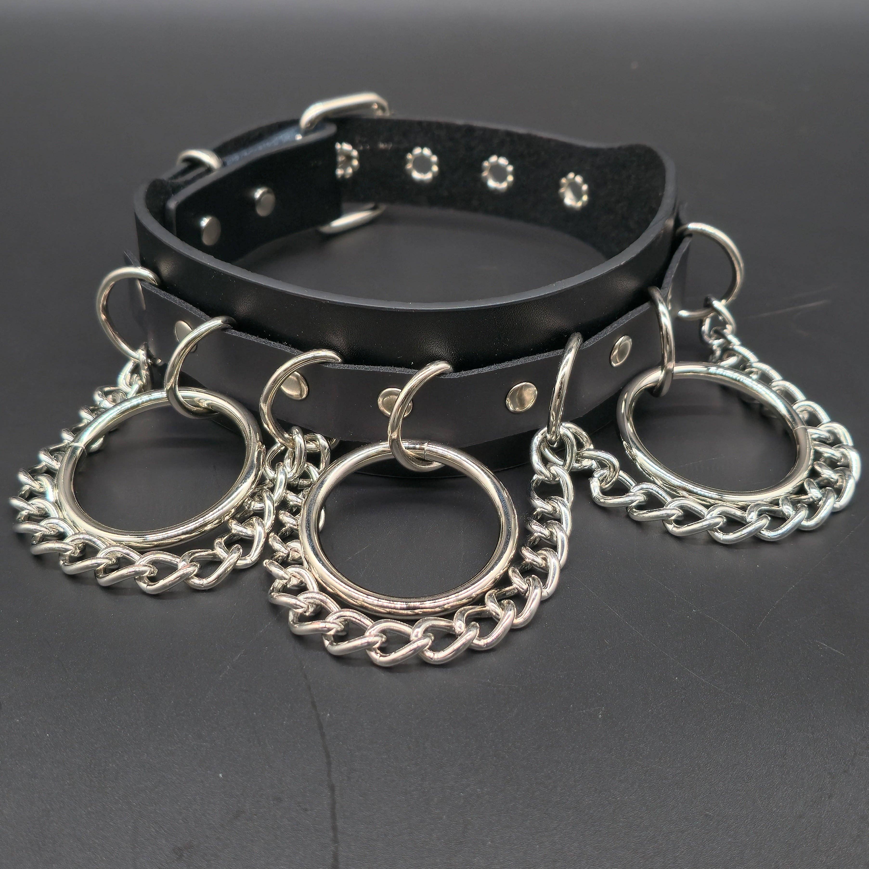 GENUINE LEATHER  1 3/4" WIDE CHAIN RING BONDAGE CHOKER