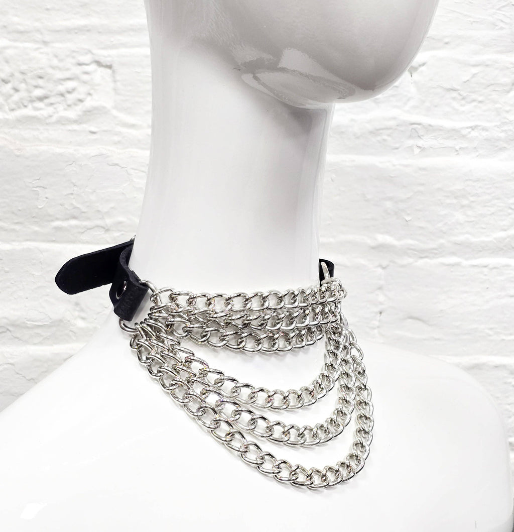 6 ROW STEEL HANGING CHAIN CHOKER GENUINE LEATHER