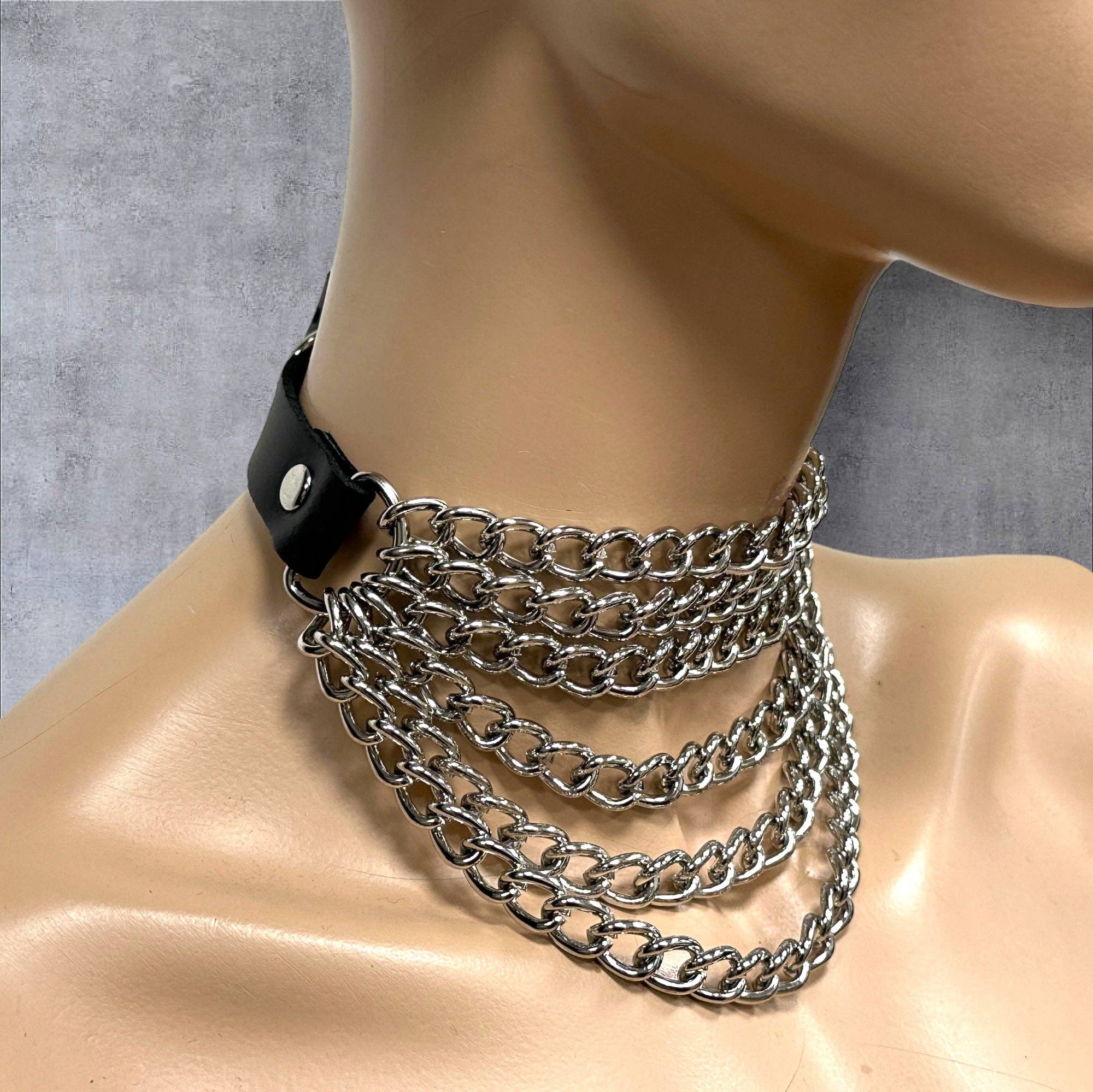6 ROW STEEL HANGING CHAIN CHOKER GENUINE LEATHER