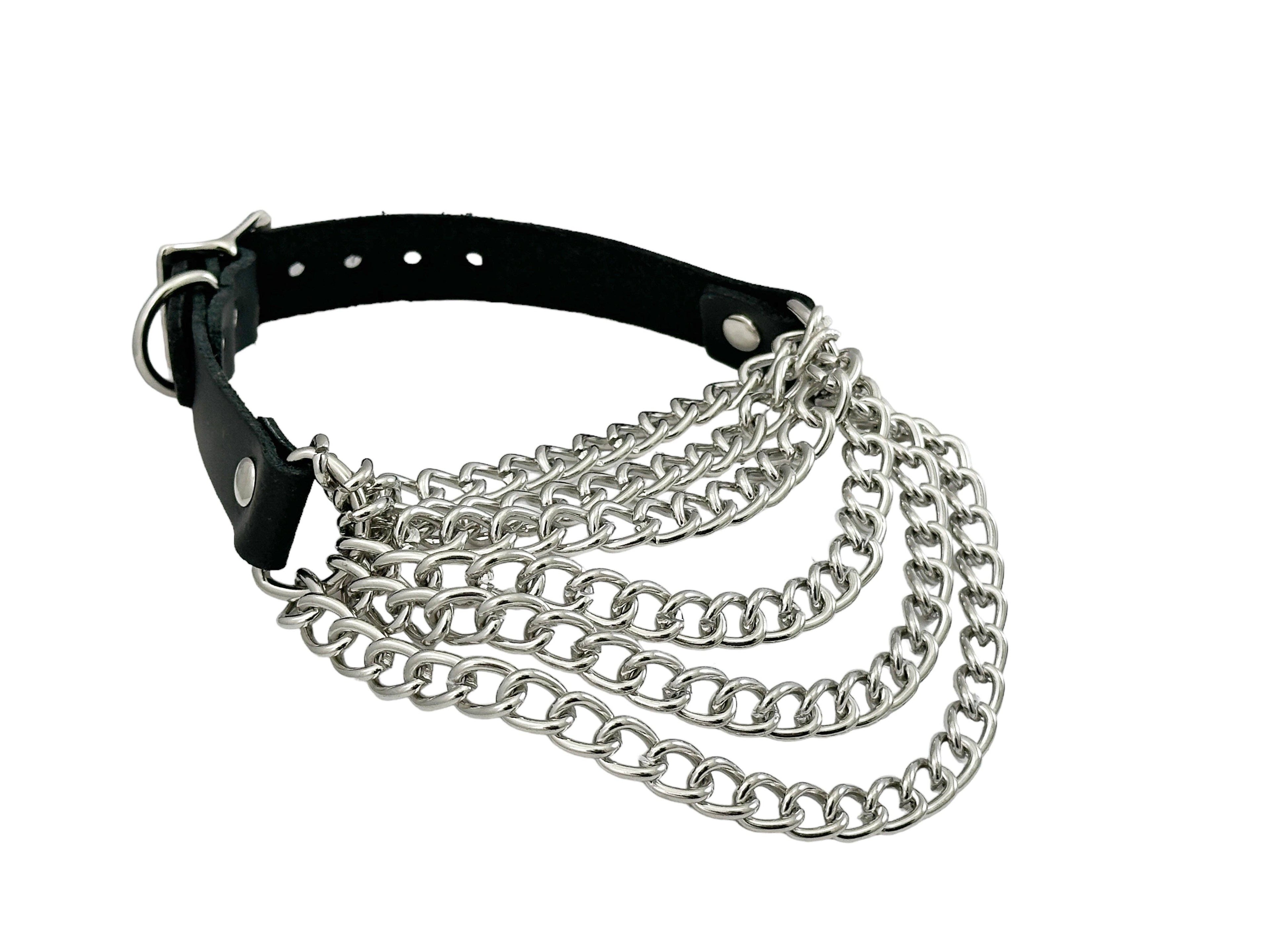 6 ROW STEEL HANGING CHAIN CHOKER GENUINE LEATHER