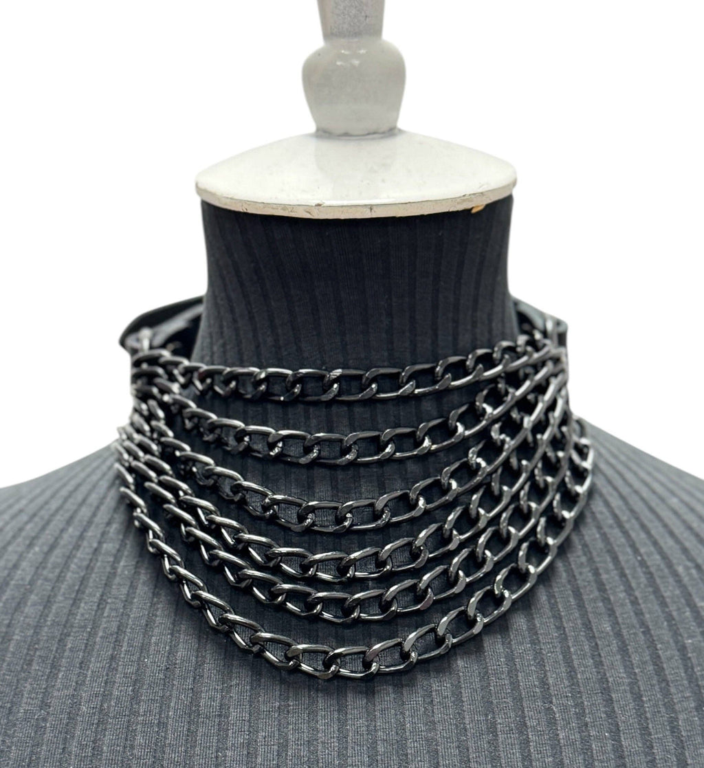 6 ROW STEEL HANGING CHAIN CHOKER GENUINE LEATHER