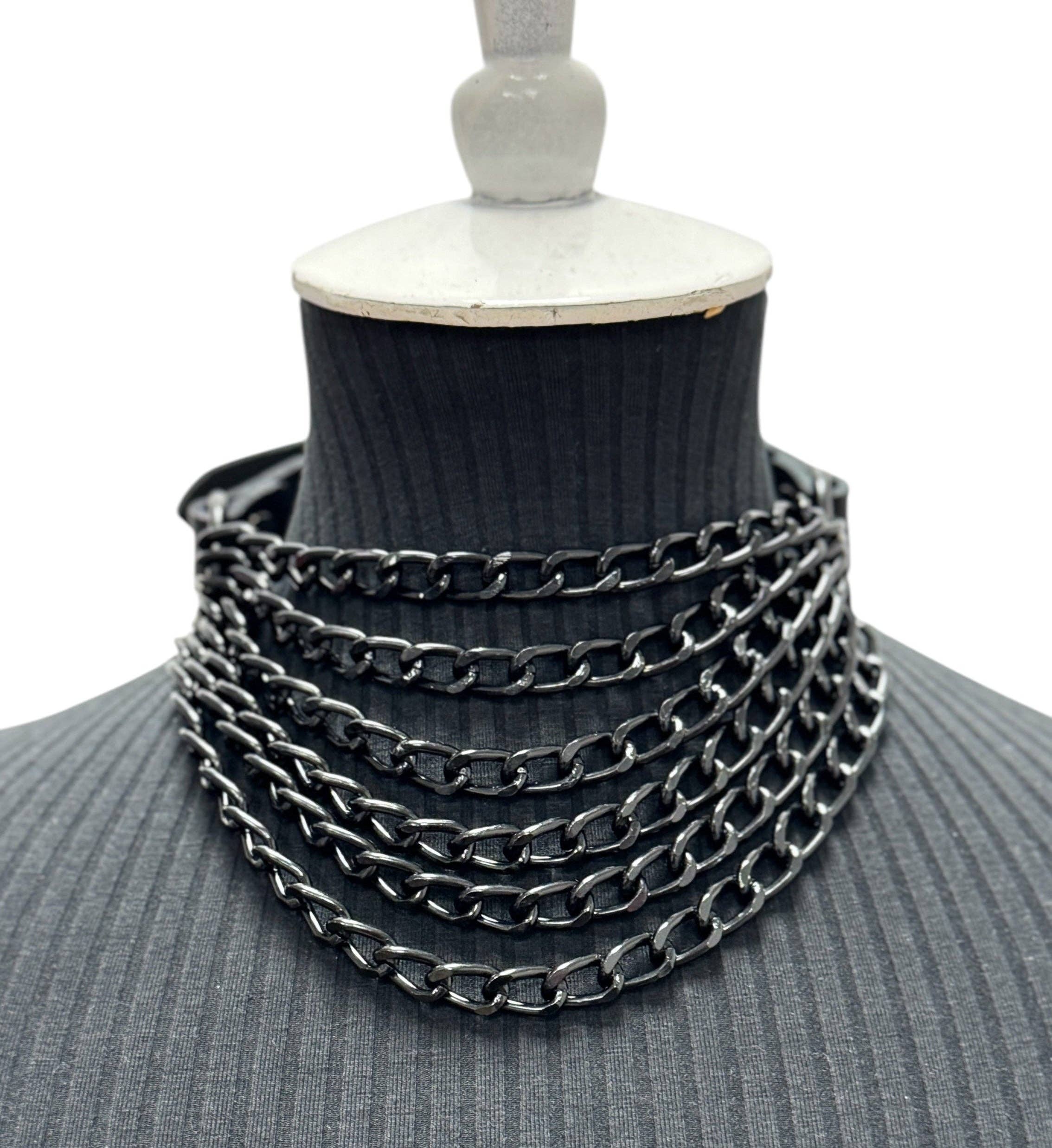 6 ROW STEEL HANGING CHAIN CHOKER GENUINE LEATHER