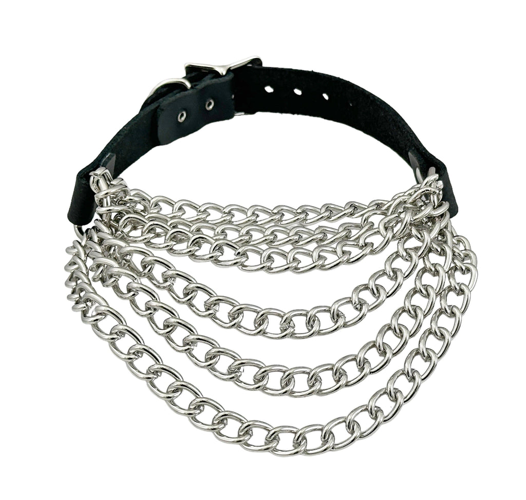 6 ROW STEEL HANGING CHAIN CHOKER GENUINE LEATHER