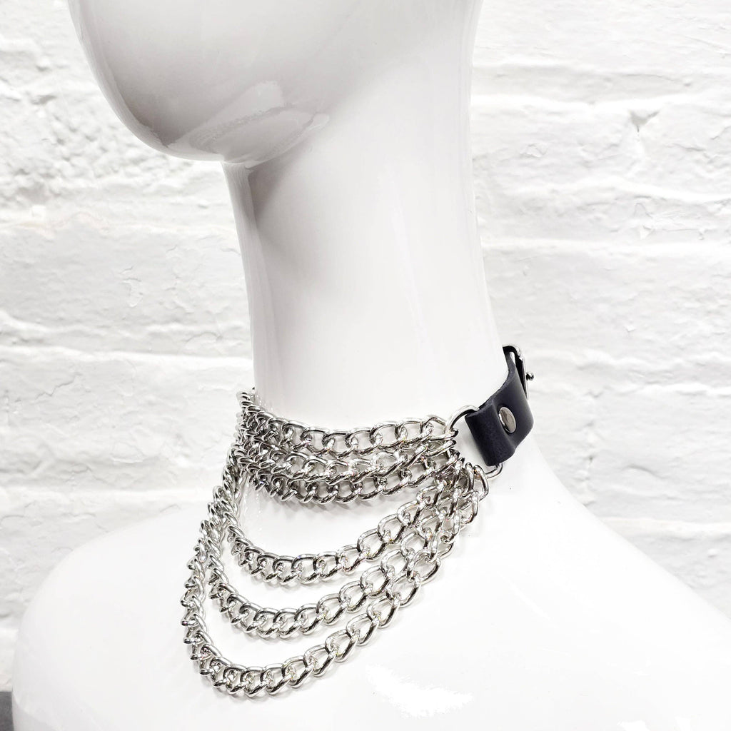 6 ROW STEEL HANGING CHAIN CHOKER GENUINE LEATHER