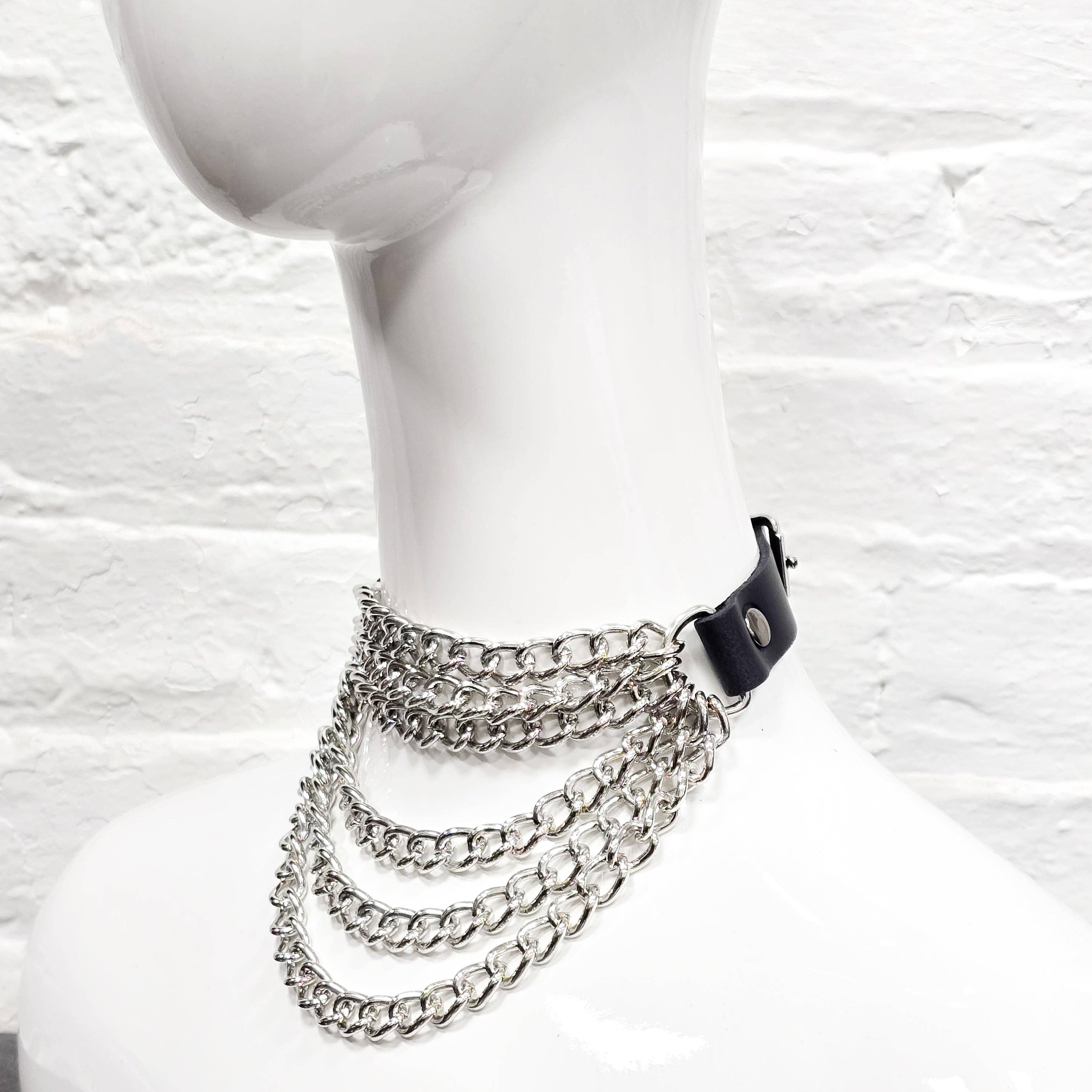 6 ROW STEEL HANGING CHAIN CHOKER GENUINE LEATHER