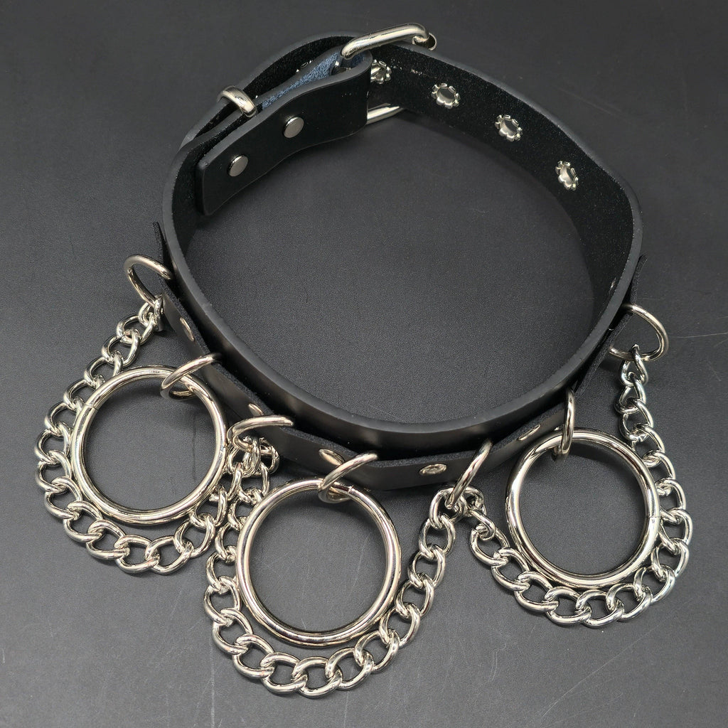 GENUINE LEATHER  1 3/4" WIDE CHAIN RING BONDAGE CHOKER
