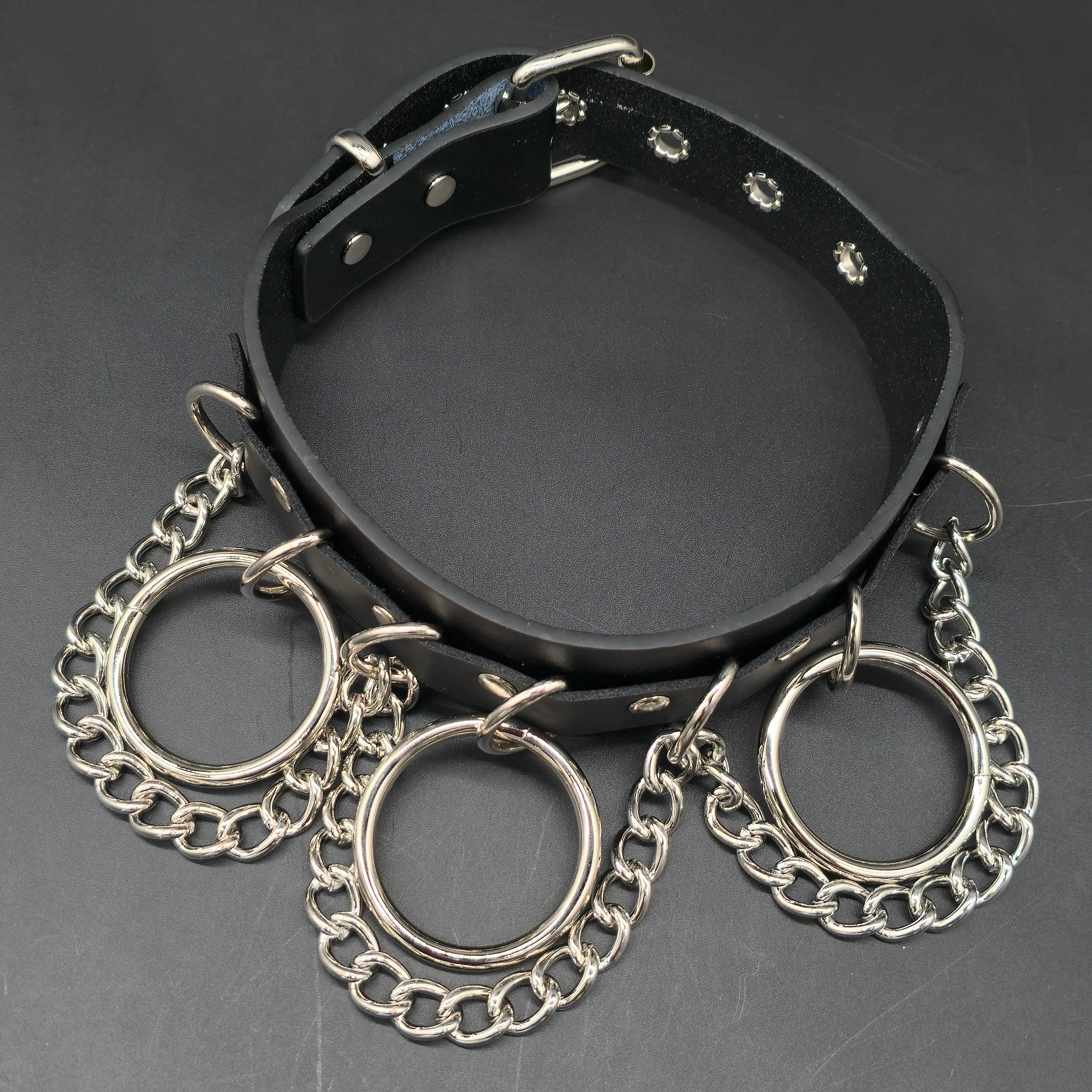 GENUINE LEATHER  1 3/4" WIDE CHAIN RING BONDAGE CHOKER